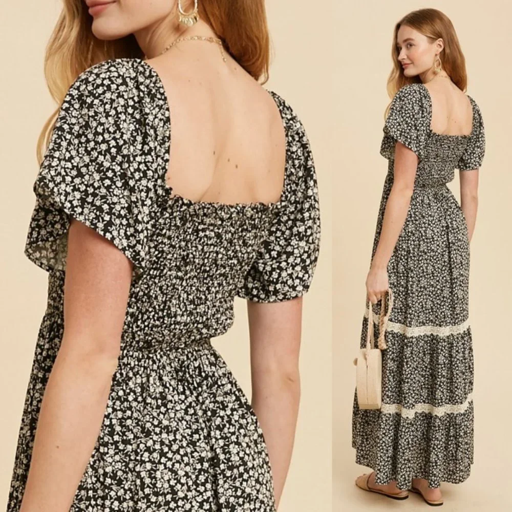 NEW Black Ditsy Floral Smock Square Neck Bodice Lace Trim Skirt Boho Maxi Dress - Picture 7 of 11